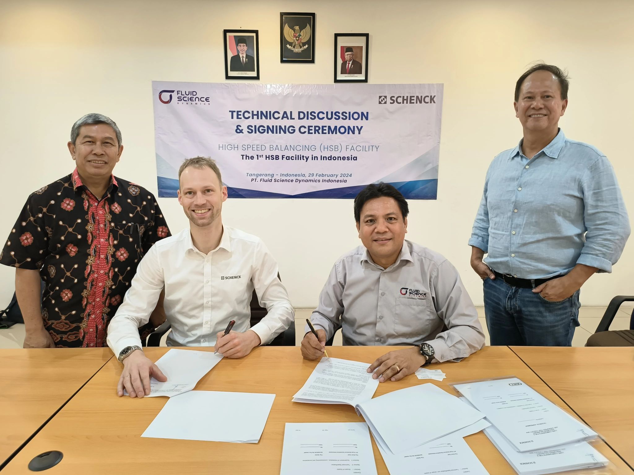 Today, 29 February 2024, FSD Group represented by Rudiyanto Wijaya (Managing Director of PT Fluid Science Dynamics Indonesia), and Schenck Germany represented by Mr. Tobias Wilhelmi, M.Sc

 
(Global Sales Manager) signing Sales & Purchase Agreement for the purchase of 1 unit of High Speed Balancing (HSB).

The HSB will be installed in FSD Indonesia and will become the 1st HSB equipment in the SEA region.

This project marks an important milestone for FSD Group and strengthens our core business in providing services to Rotating Equipment/Turbomachinery.

FSD Group Chairman Mr. Laurence Wai was also witness the signing ceremony.